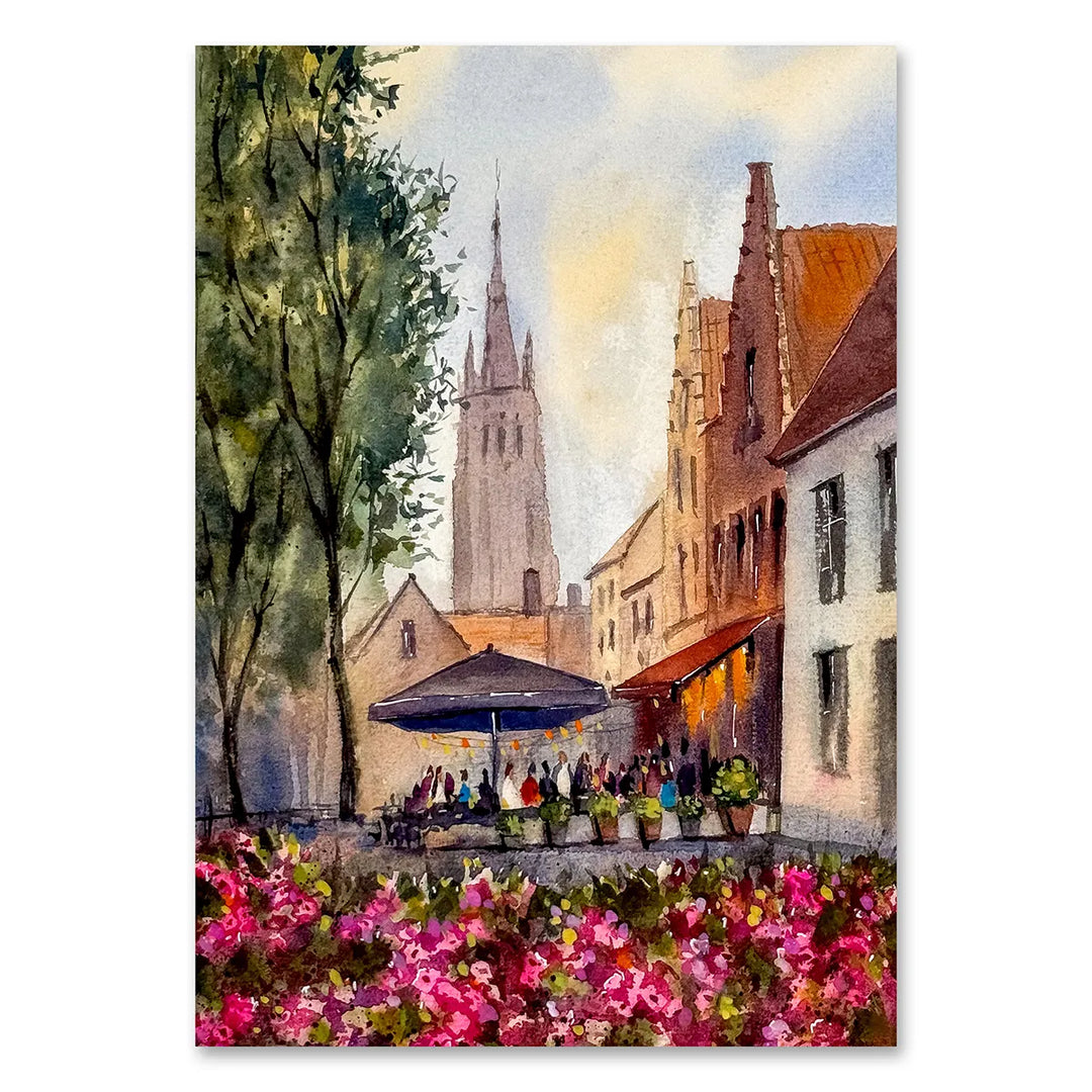 Bruges Watercolor Evening at Walplein - Fine Art Print