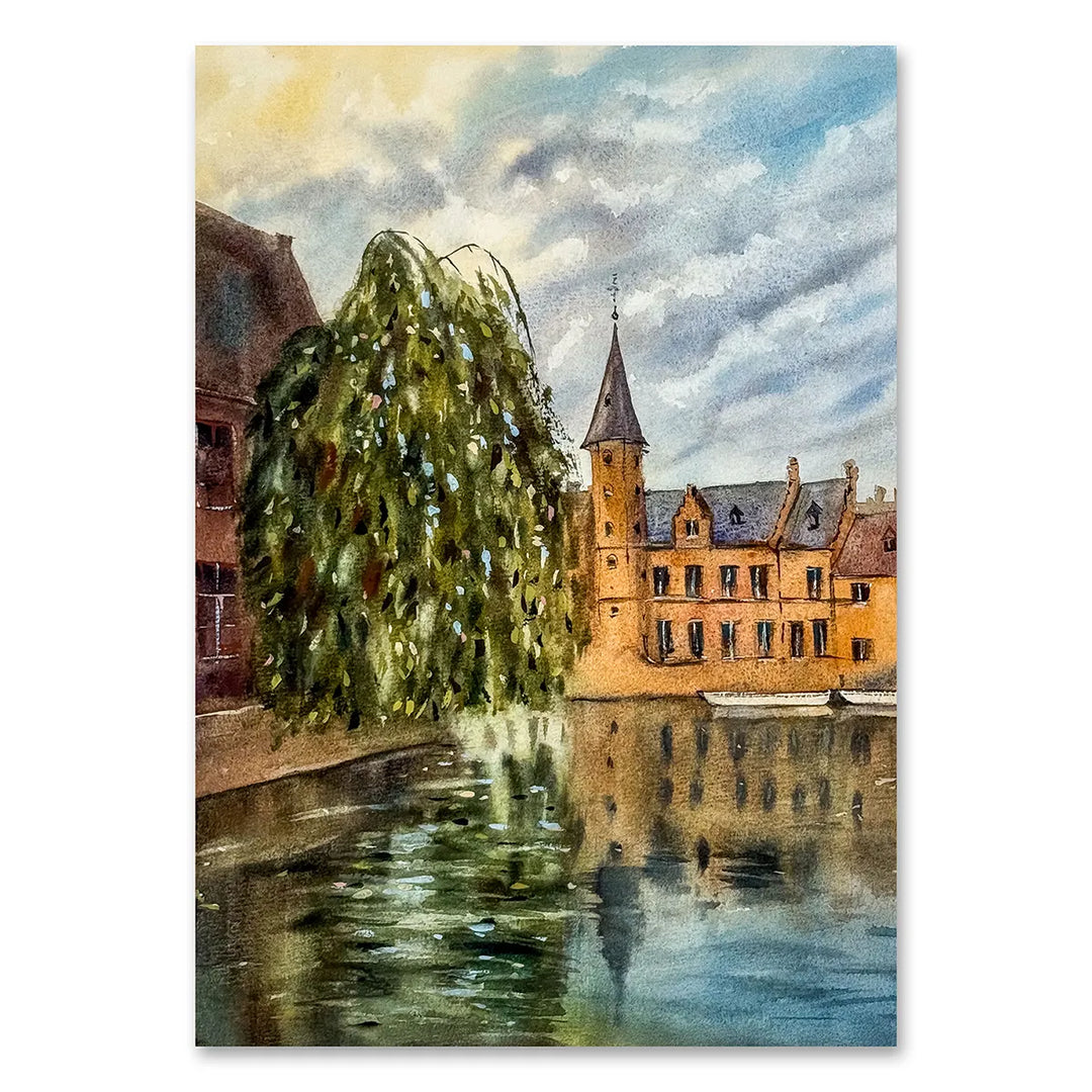 Bruges Watercolor Canal at Sunset - Fine Art Print