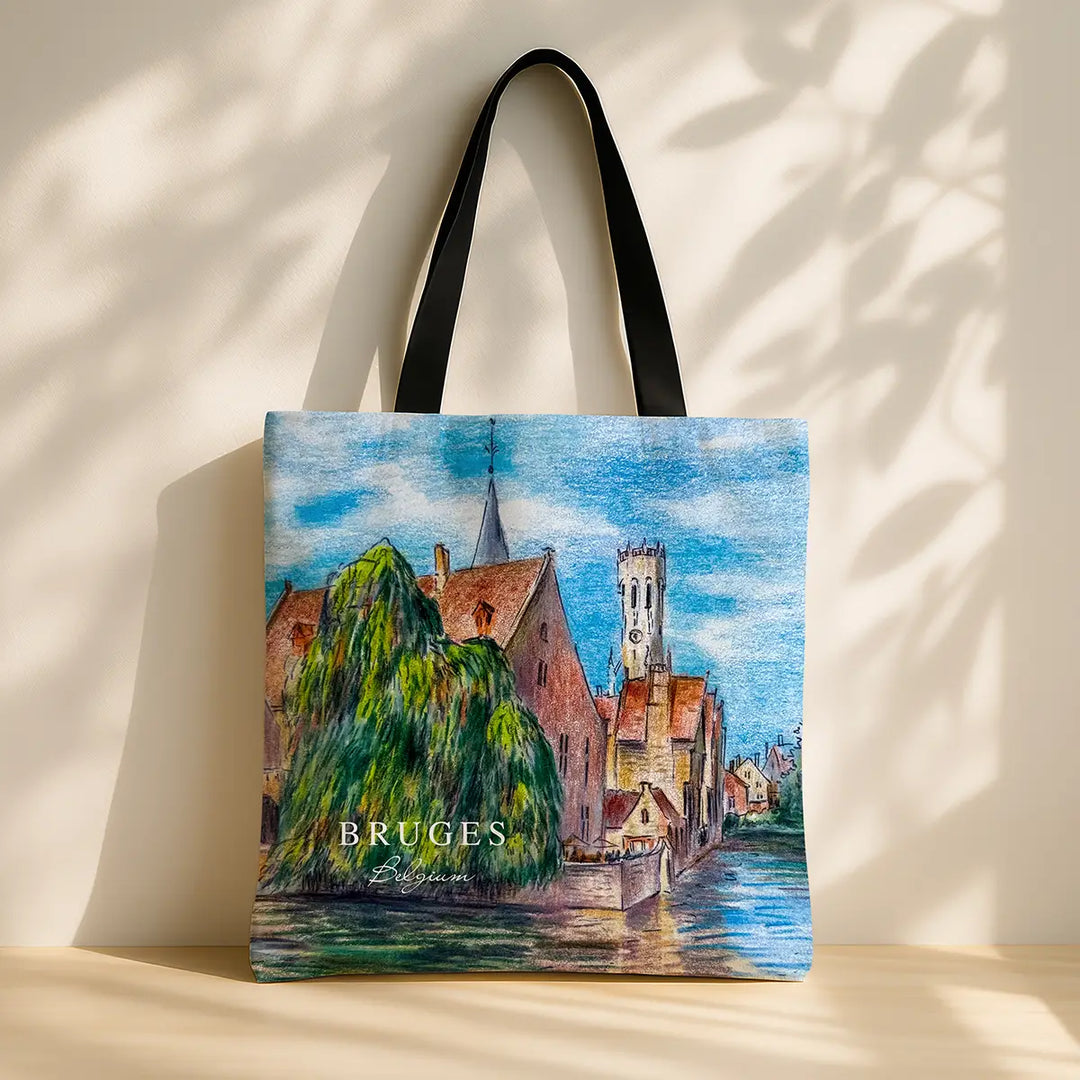 Tote bag with a painting of Bruges on a light background