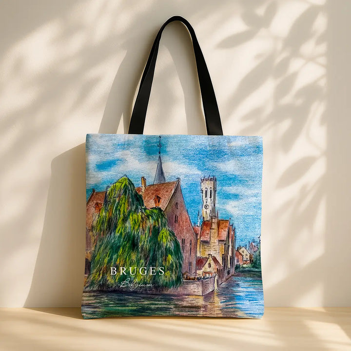 Tote bag with a painting of Bruges on a light background