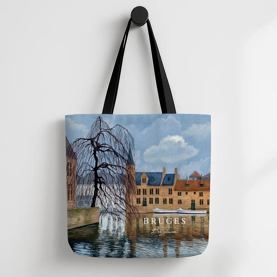 Tote bag with a scenic design of Bruges, Belgium on a white background